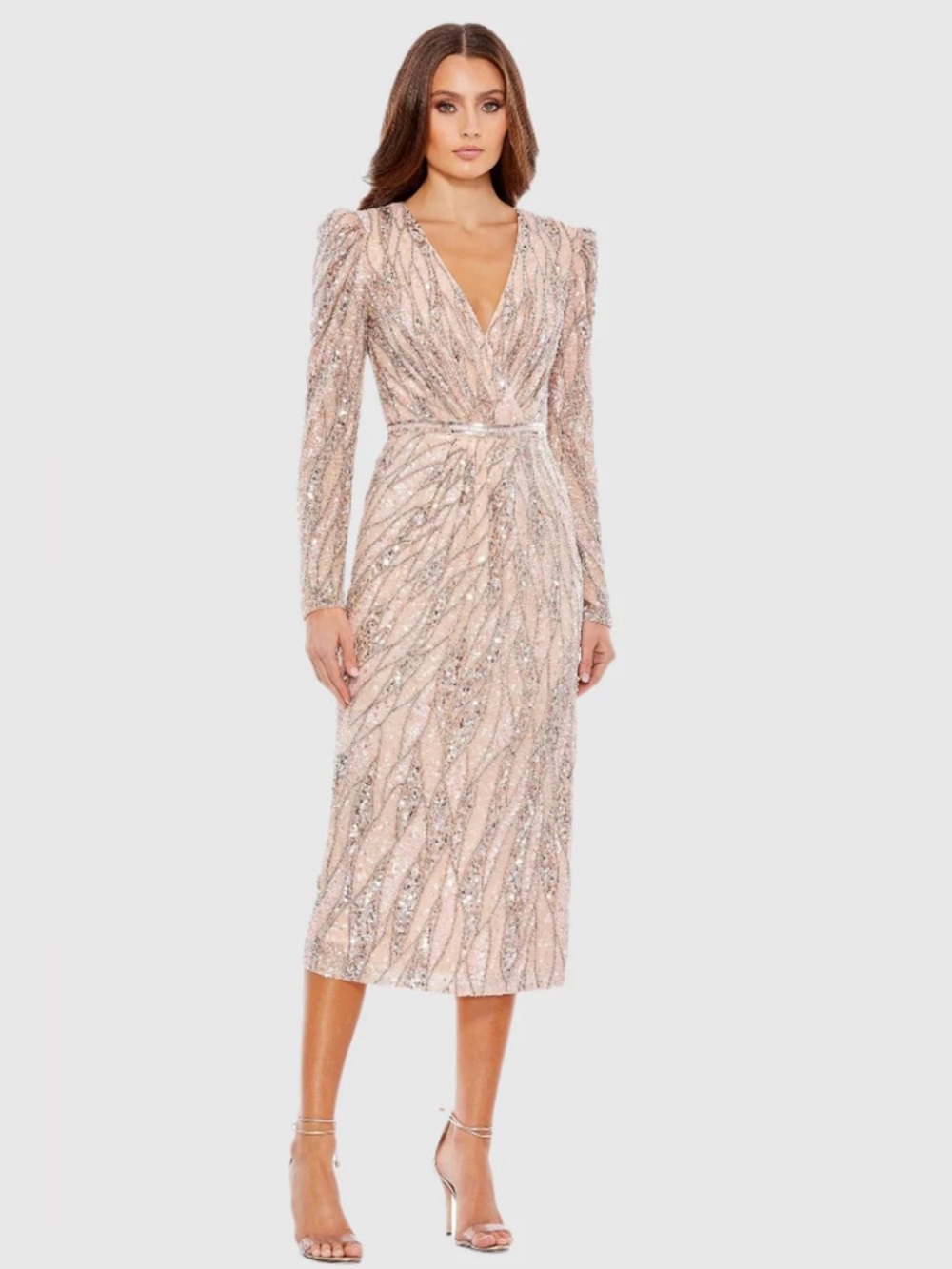 Mac Duggal Blush Pink Sequin Wrap Midi Dress with Long Sleeves